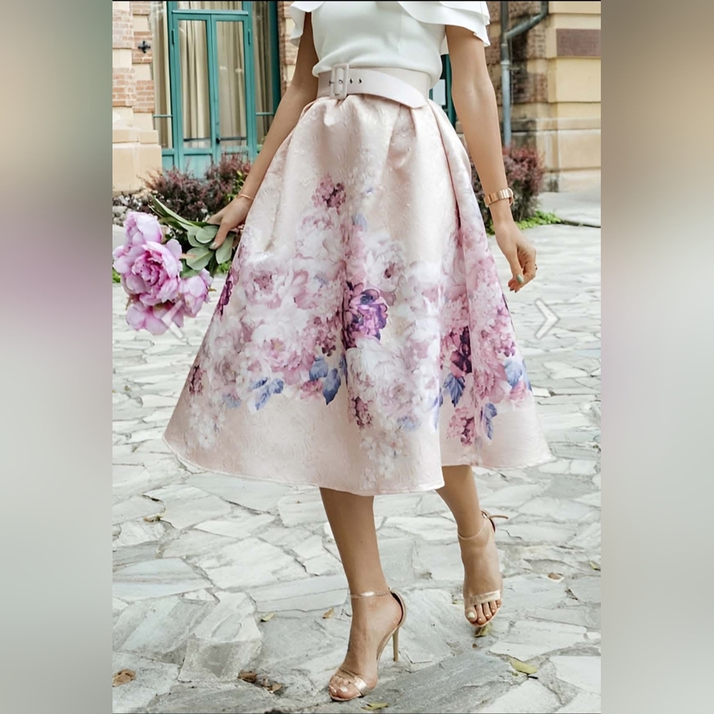 LIKE NEW Chicwish Lavender Peony Print Embossed Midi A-line Skirt